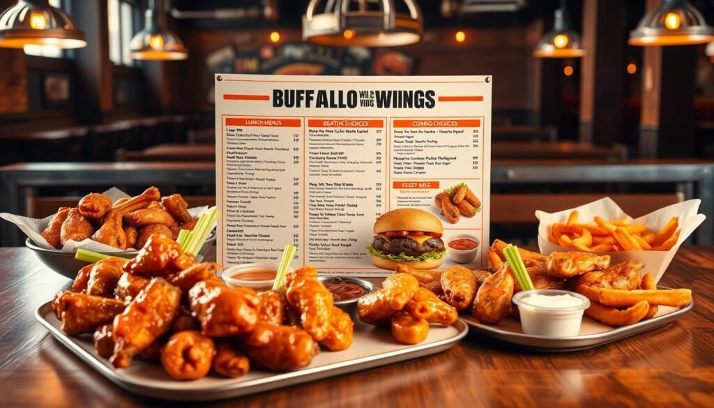 A Buffalo Wild Wings lunch menu laid out artistically on a wooden table. In the foreground, focus on a vibrant array of menu items including crispy chicken wings, hearty burgers, and zesty boneless wings served with dipping sauces, garnished with fresh celery and carrots. The middle ground features a neatly displayed menu with distinct sections highlighting lunch items, combo choices, and prices, designed for easy reading. The background showcases a cozy, sports-themed atmosphere with soft, warm lighting filtering through rustic pendant lights, creating an inviting mood. Capture this scene from a slightly elevated angle to emphasize the delicious food while maintaining the appeal of the menu layout. The overall ambiance should be a blend of excitement and comfort, ideal for a casual dining experience.