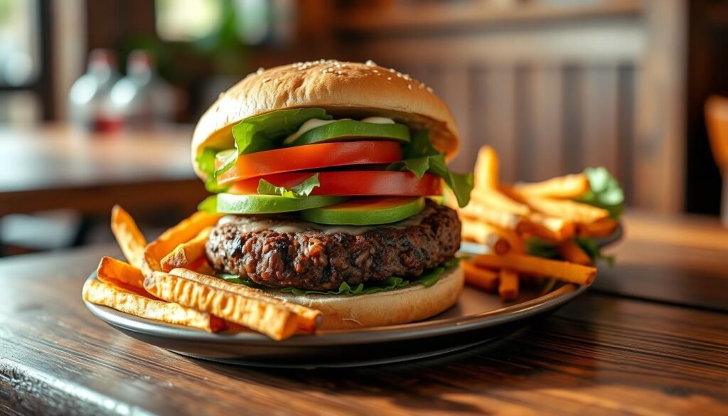 A beautifully arranged black bean burger sits majestically on a rustic wooden table. The burger features a hearty, grilled black bean patty, topped with fresh avocado slices, vibrant lettuce, juicy tomato, and a dollop of creamy mayonnaise, all nestled between a lightly toasted whole-grain bun. In the foreground, a side of golden-brown sweet potato fries adds a pop of color and complements the meal. The lighting is warm and inviting, creating soft shadows that enhance the textures of the ingredients. In the background, blurred hints of a casual dining setting provide context. The mood is cheerful and appetizing, capturing the essence of a satisfying and nutritious burger option. A beautifully arranged black bean burger sits majestically on a rustic wooden table. The burger features a hearty, grilled black bean patty, topped with fresh avocado slices, vibrant lettuce, juicy tomato, and a dollop of creamy mayonnaise, all nestled between a lightly toasted whole-grain bun. In the foreground, a side of golden-brown sweet potato fries adds a pop of color and complements the meal. The lighting is warm and inviting, creating soft shadows that enhance the textures of the ingredients. In the background, blurred hints of a casual dining setting provide context. The mood is cheerful and appetizing, capturing the essence of a satisfying and nutritious burger option.