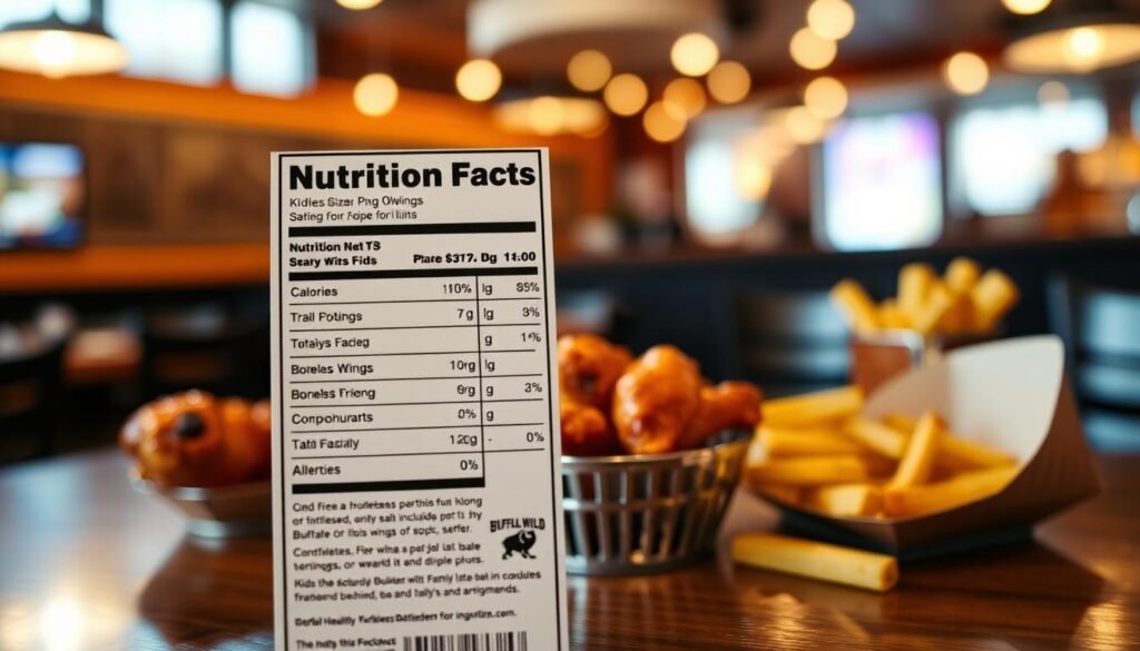 A close-up view of a colorful, informative nutrition facts label from Buffalo Wild Wings, showcasing detailed nutritional information for a kids' menu item. The foreground features the label prominently with clear sections for calories, protein, carbohydrates, and allergens, all designed in a vibrant and kid-friendly layout. In the middle, include a selection of kid-sized Buffalo Wild Wings meals, such as boneless wings and fries, artfully arranged on a lively table setting, emphasizing wholesome ingredients. The background is softly blurred with hints of a family-friendly restaurant environment, incorporating warm lighting that creates an inviting atmosphere. The overall mood is informative yet playful, perfect for parents considering healthy options for kids.