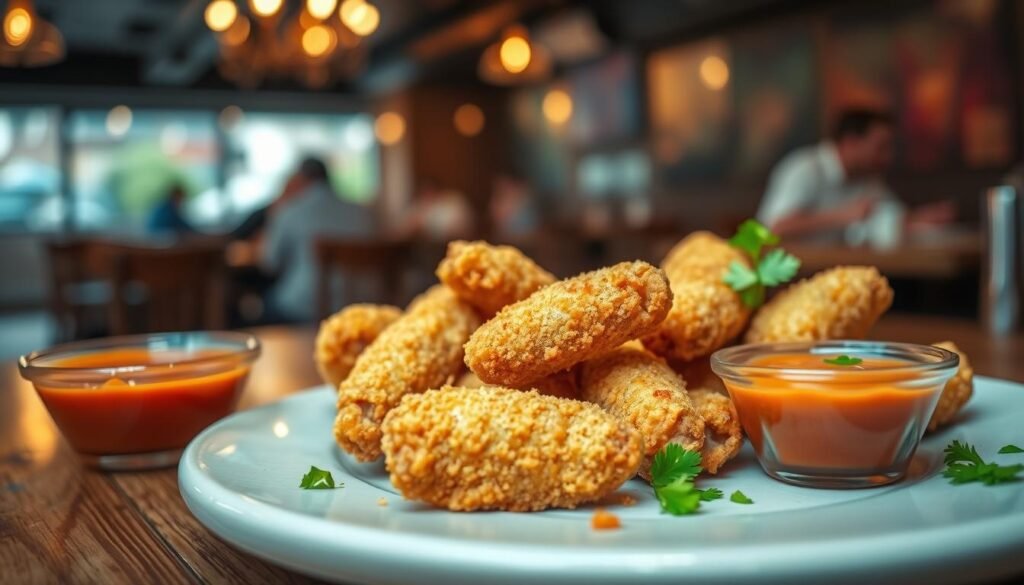 A close-up view of a plate of lightly breaded chicken wings, golden and crispy, showcasing the texture of the breading. The wings are arranged artfully on a rustic wooden table, with a small bowl of vibrant buffalo sauce and a sprinkle of fresh parsley nearby. In the background, soft, warm lighting creates a cozy, inviting atmosphere, accentuating the deliciousness of the meal. A blurred view of a restaurant setting can be seen, with patrons enjoying their meals, subtly enhancing the dining experience. The image is shot at a slight angle, emphasizing the details of the wings, with a shallow depth of field to draw focus on the foreground. The mood is casual yet enticing, perfect for a relaxed dining setting.