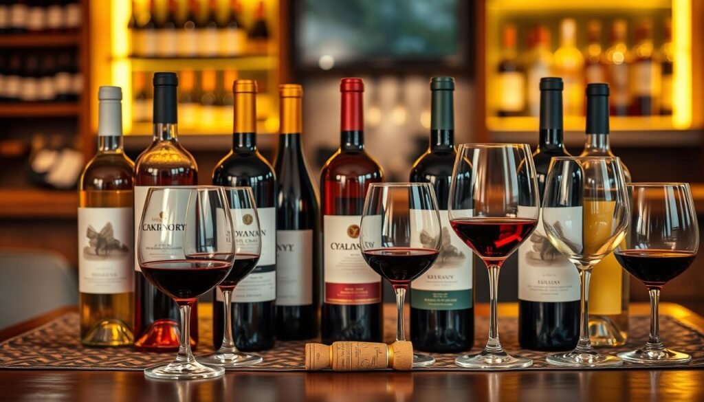A cozy, inviting table set for wine tasting, featuring an elegant selection of red and white wines in beautifully designed glasses. In the foreground, an assortment of wine bottles with varied label designs, showcasing affordable casual options perfect for pairing with Buffalo Wild Wings. In the middle ground, a rich wooden table adorned with a patterned tablecloth and a rustic cork corkscrew. The background includes a softly lit bar environment with blurred shelves of additional wines and spirits, creating an intimate and welcoming atmosphere. Soft, warm lighting enhances the hues of the wine, inviting viewers to imagine the flavors. The composition conveys a relaxed mood, ideal for casual sipping, while ensuring simplicity and elegance without distractions. A cozy, inviting table set for wine tasting, featuring an elegant selection of red and white wines in beautifully designed glasses. In the foreground, an assortment of wine bottles with varied label designs, showcasing affordable casual options perfect for pairing with Buffalo Wild Wings. In the middle ground, a rich wooden table adorned with a patterned tablecloth and a rustic cork corkscrew. The background includes a softly lit bar environment with blurred shelves of additional wines and spirits, creating an intimate and welcoming atmosphere. Soft, warm lighting enhances the hues of the wine, inviting viewers to imagine the flavors. The composition conveys a relaxed mood, ideal for casual sipping, while ensuring simplicity and elegance without distractions.