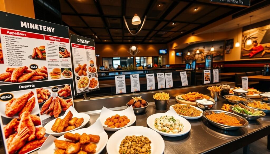 A detailed, visually appealing buffet-style menu directory for Buffalo Wild Wings, organized by category. The foreground features various categories such as appetizers, wings, burgers, and desserts, each depicted with vibrant images of signature dishes. In the middle ground, a neatly arranged table showcases plates filled with selected menu items, emphasizing the diverse flavors and presentation of the food. The background includes a welcoming restaurant interior with warm, ambient lighting, highlighting the fun, energetic atmosphere of a Buffalo Wild Wings location. The angle captures the scene from a slight overhead perspective, inviting viewers into the dining experience. The overall mood is lively and appetizing, conveying a sense of indulgence and community without any text or branding elements.