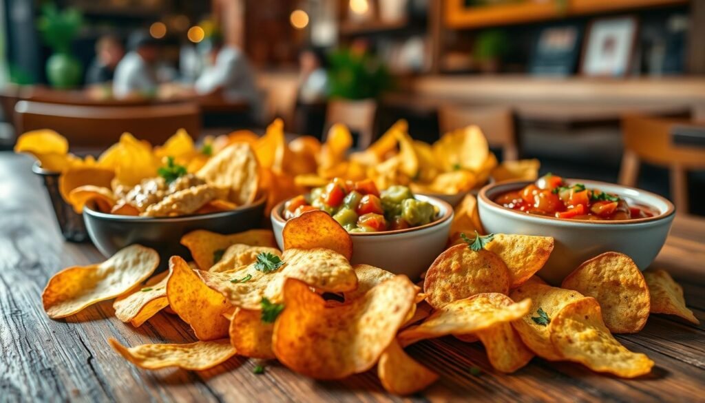 A vibrant arrangement of various gluten-free chips displayed artistically on a rustic wooden table. In the foreground, a close-up of crunchy potato and tortilla chips, perfectly golden and crisp, sprinkled with fresh herbs for added flair. In the middle, a small bowl filled with rich, creamy guacamole and another with a zesty, homemade salsa, invitingly positioned nearby. The background features a subtle blur of a casual dining environment, with warm lighting that creates a cozy, welcoming atmosphere. The scene captures an inviting and social mood, ideal for sharing appetizers, with soft shadows enhancing the textures and colors of the chips and dips. A vibrant arrangement of various gluten-free chips displayed artistically on a rustic wooden table. In the foreground, a close-up of crunchy potato and tortilla chips, perfectly golden and crisp, sprinkled with fresh herbs for added flair. In the middle, a small bowl filled with rich, creamy guacamole and another with a zesty, homemade salsa, invitingly positioned nearby. The background features a subtle blur of a casual dining environment, with warm lighting that creates a cozy, welcoming atmosphere. The scene captures an inviting and social mood, ideal for sharing appetizers, with soft shadows enhancing the textures and colors of the chips and dips.