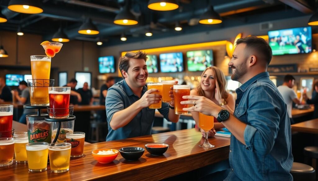 A vibrant "happy hour" scene at a Buffalo Wild Wings restaurant, featuring a wooden bar stacked with colorful, refreshing drinks including beers, cocktails, and a variety of sauces in small bowls. In the foreground, two friends in casual attire, laughing and toasting with their drinks, exuding a joyous atmosphere. The middle ground displays a bustling bar with patrons enjoying their drinks, and a bartender skillfully mixing cocktails. The background reveals B-Dubs' signature decor with TV screens showing sports events. Soft, warm lighting creates an inviting ambiance, with an inviting bokeh effect. The camera angle is slightly elevated, capturing the lively spirit of camaraderie and enjoyment. A vibrant "happy hour" scene at a Buffalo Wild Wings restaurant, featuring a wooden bar stacked with colorful, refreshing drinks including beers, cocktails, and a variety of sauces in small bowls. In the foreground, two friends in casual attire, laughing and toasting with their drinks, exuding a joyous atmosphere. The middle ground displays a bustling bar with patrons enjoying their drinks, and a bartender skillfully mixing cocktails. The background reveals B-Dubs' signature decor with TV screens showing sports events. Soft, warm lighting creates an inviting ambiance, with an inviting bokeh effect. The camera angle is slightly elevated, capturing the lively spirit of camaraderie and enjoyment.