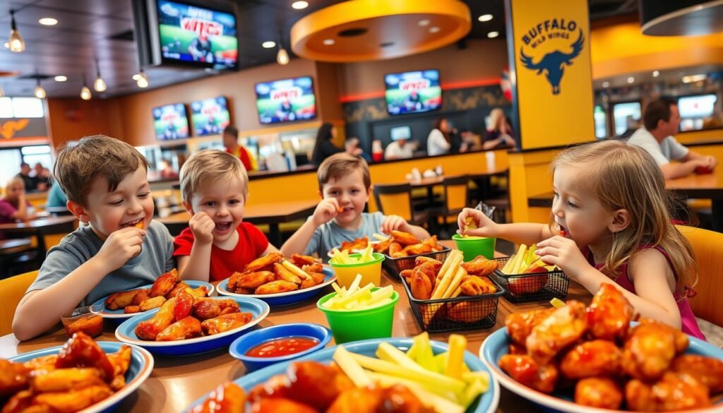 A vibrant, inviting scene at a Buffalo Wild Wings restaurant, featuring a cheerful family enjoying a meal together. In the foreground, a table laden with colorful plates of chicken wings and various kid-friendly options like boneless wings, fries, and celery sticks. Two children, a boy and a girl, are happily engaged in eating, one playfully licking sauce off their fingers, while the other anticipates their next bite. The middle ground shows the restaurant's lively interior, with sports televisions on the walls and friendly staff members serving customers. In the background, a warm, inviting atmosphere is enhanced by soft overhead lighting and the vibrant yellow and black color scheme typical of the chain. The mood is relaxed and joyful, perfectly capturing the spirit of family dining at Buffalo Wild Wings.