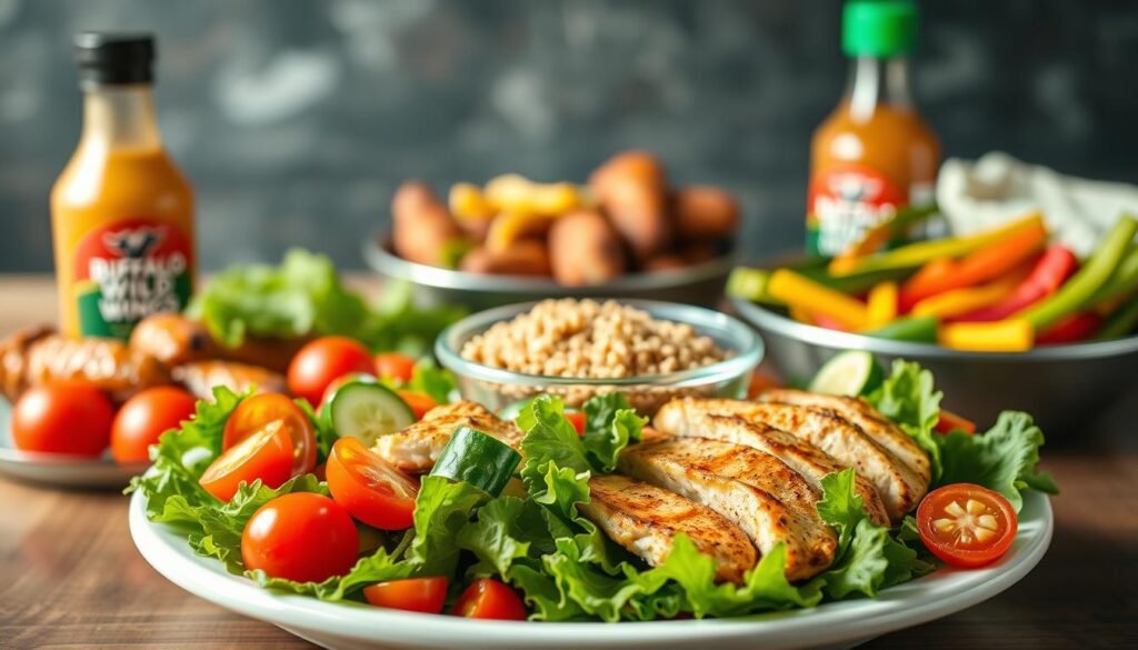 A visually appealing composition centered around nutrition, showcasing a beautifully arranged plate of healthy food. In the foreground, include a vibrant salad with fresh greens, cherry tomatoes, cucumber, and grilled chicken, topped with a light vinaigrette. In the middle, add a bowl of quinoa and a side of colorful steamed vegetables, highlighting the concept of balanced meals. The background should feature subtle hints of Buffalo Wild Wings branding, such as their iconic wing sauces and seasonings in a tasteful arrangement. Use soft, natural lighting to create a warm and inviting atmosphere, with a shallow depth of field to bring focus to the nutritious meal. The mood should convey health and vitality, suitable for an article on nutrition choices.