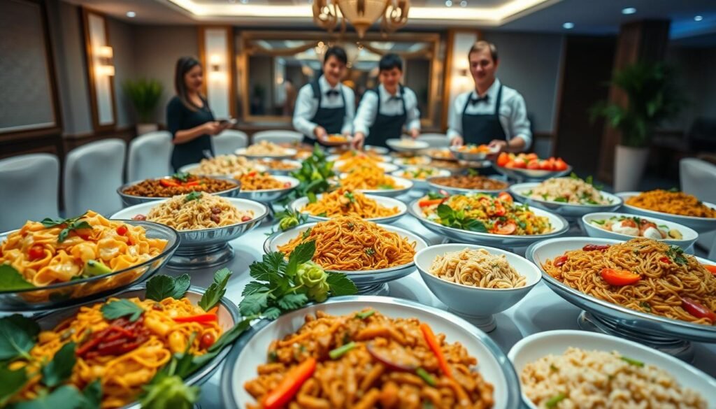 A beautifully arranged catering display featuring an array of colorful party platters showcasing various noodle dishes, including pasta salads, stir-fried noodles, and garnished rice dishes. In the foreground, a large, elegantly set table is adorned with tasteful decorations, such as fresh herbs and vibrant vegetables surrounding the platters. The middle ground captures attentive staff dressed in professional attire, smiling and serving dishes to guests, creating a warm and inviting atmosphere. The background features softly lit decor, with soft-focus lighting highlighting the food, creating a cozy ambiance. The angle is slightly elevated, providing a comprehensive view of the delightful spread, emphasizing both the variety and vibrancy of the menu offerings. The overall mood is friendly and celebratory, perfect for gatherings. A beautifully arranged catering display featuring an array of colorful party platters showcasing various noodle dishes, including pasta salads, stir-fried noodles, and garnished rice dishes. In the foreground, a large, elegantly set table is adorned with tasteful decorations, such as fresh herbs and vibrant vegetables surrounding the platters. The middle ground captures attentive staff dressed in professional attire, smiling and serving dishes to guests, creating a warm and inviting atmosphere. The background features softly lit decor, with soft-focus lighting highlighting the food, creating a cozy ambiance. The angle is slightly elevated, providing a comprehensive view of the delightful spread, emphasizing both the variety and vibrancy of the menu offerings. The overall mood is friendly and celebratory, perfect for gatherings.