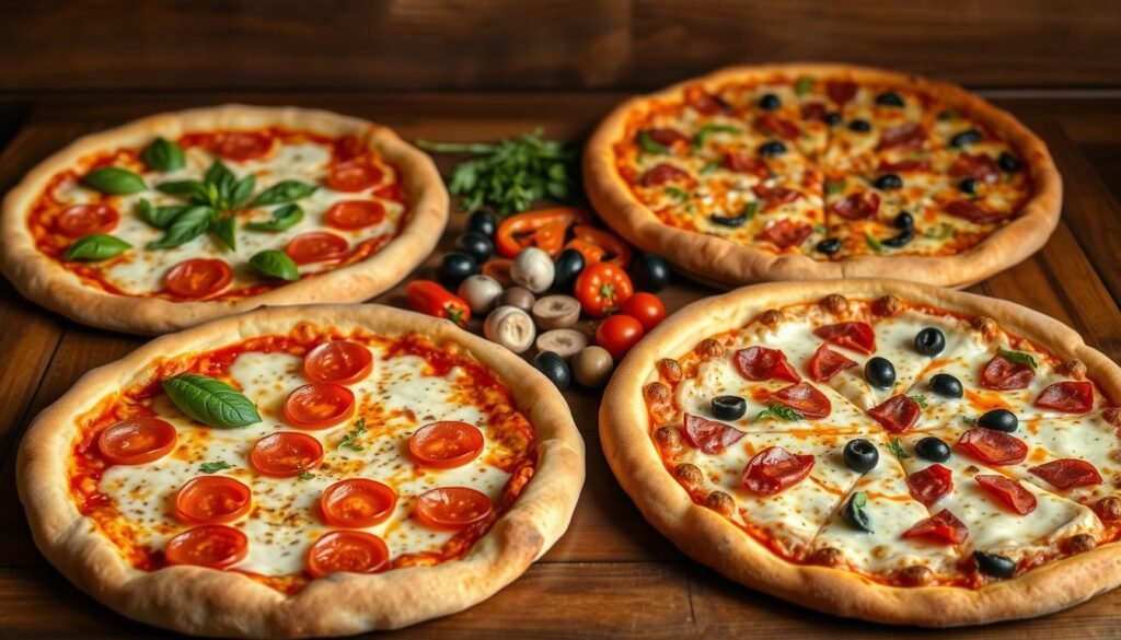 A beautifully arranged pizza selection showcasing various crust choices and toppings. In the foreground, display three distinct pizzas: a thin crust with a golden, crispy edge topped with fresh basil and tomatoes, a classic hand-tossed crust adorned with pepperoni and melted cheese, and a deep-dish pizza overflowing with vegetables and cheese. In the middle, include an array of toppings such as olives, mushrooms, onions, and bell peppers artistically scattered around the pizzas. The background features a rustic wooden table, enhancing the cozy, inviting atmosphere, with soft, warm lighting that creates a comforting mood. Capture this scene from a slightly elevated angle, allowing for an enticing view of the toppings and crusts.