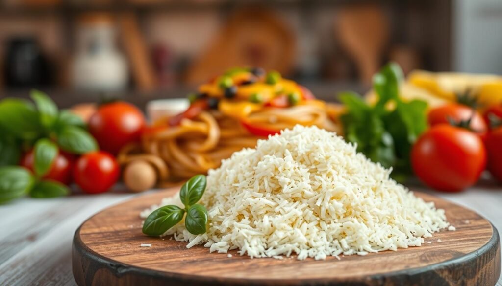 A beautifully arranged plate of finely grated parmesan cheese, artfully displayed in the foreground. The parmesan sits on a rustic wooden board alongside a selection of colorful, fresh ingredients like basil leaves and cherry tomatoes, creating a vibrant contrast. In the middle, a vibrant bowl of noodles topped with various sauces is partially visible, emphasizing customization options. The background features a softly blurred kitchen setting with warm, inviting lighting, enhancing the cozy atmosphere. Use a shallow depth of field to focus on the parmesan while softly blurring the other elements. The overall mood should be one of culinary creativity and freshness, perfectly reflecting diverse dietary options. A beautifully arranged plate of finely grated parmesan cheese, artfully displayed in the foreground. The parmesan sits on a rustic wooden board alongside a selection of colorful, fresh ingredients like basil leaves and cherry tomatoes, creating a vibrant contrast. In the middle, a vibrant bowl of noodles topped with various sauces is partially visible, emphasizing customization options. The background features a softly blurred kitchen setting with warm, inviting lighting, enhancing the cozy atmosphere. Use a shallow depth of field to focus on the parmesan while softly blurring the other elements. The overall mood should be one of culinary creativity and freshness, perfectly reflecting diverse dietary options.