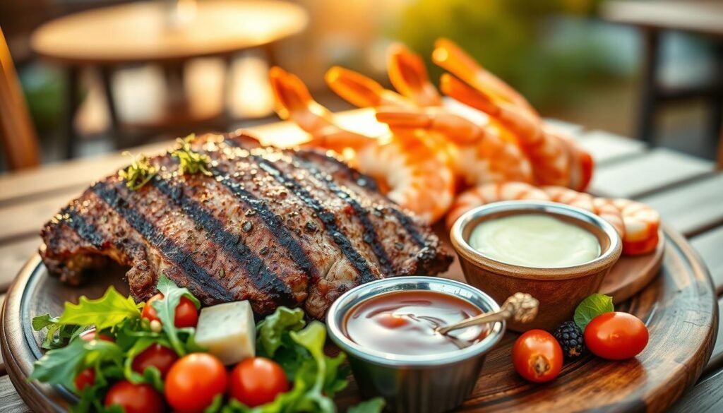 A beautifully arranged plate showcasing a variety of surf and turf options, prominently featuring a perfectly grilled steak alongside succulent shrimp and lobster tails. The steak is garnished with fresh herbs, while the seafood is elegantly presented on a rustic wooden platter. In the foreground, a vibrant side salad with cherry tomatoes and greens adds color. The middle of the image shows a rich barbecue sauce and a small bowl of creamy garlic butter for dipping. The background features a softly blurred outdoor dining setting, illuminated by warm, golden sunlight that creates an inviting atmosphere. The composition emphasizes a balance of textures and colors, enhancing the appeal of this delectable meal. The overall mood conveys a sense of warmth and indulgence, perfect for a memorable dining experience.