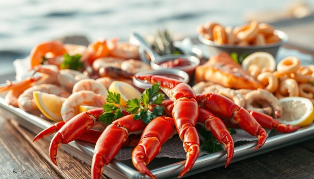 A beautifully arranged seafood platter featuring a variety of fresh catch delights, including succulent shrimp, perfectly grilled salmon, and tender calamari. The platter is set on a rustic wooden table with a few lemon wedges and sprigs of parsley for garnish. In the foreground, vibrant red crab legs shine under soft, natural lighting, highlighting their freshness. In the middle ground, the seafood is complemented by a small bowl of spicy cocktail sauce. The background includes a softly blurred coastal scene, hinting at the ocean, evoking a tranquil seaside atmosphere. The mood is inviting and appetizing, perfect for a seafood dining experience. Capture this scene from a slightly elevated angle to emphasize the artful arrangement of the seafood items.
