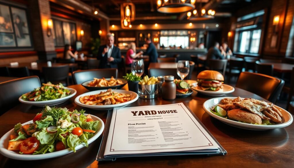 A beautifully arranged table at the Yard House in Troy, showcasing an inviting menu spread. In the foreground, display a diverse selection of dishes such as vibrant salads, artisanal pizzas, and signature burgers, each garnished creatively. The middle ground highlights the Yard House menu, with a focus on the 'Prices and Budgeting' section, elegantly designed without any text. In the background, the restaurant ambiance is alive, featuring stylish decor, soft lighting casting a warm glow, and tastefully designed bar area. Capture the mood of a casual dining experience, inviting and friendly, with families and friends enjoying their meals in a cozy setting. Use a wide-angle lens for depth and warmth, emphasizing the vibrant colors of the dishes and the restaurant atmosphere.