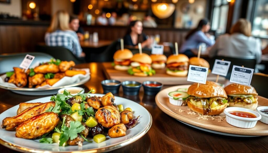 A beautifully arranged table featuring a selection of appetizer and small plate dishes from Yard House, emphasizing their nutritional aspects. In the foreground, a colorful platter with grilled chicken wings, crispy Brussels sprouts, and a quinoa salad, artfully presented with fresh herbs and vibrant dips. In the middle ground, a wooden serving board displays an assortment of sliders and nachos, with small bowls of low-calorie sauces and nutrition facts cards placed beside each dish. The background shows a cozy, well-lit restaurant ambiance, with blurred diners enjoying their meals. The lighting is warm and inviting, casting soft shadows that enhance the texture of the food. The mood is friendly and communal, inviting viewers to explore healthy dining choices. A beautifully arranged table featuring a selection of appetizer and small plate dishes from Yard House, emphasizing their nutritional aspects. In the foreground, a colorful platter with grilled chicken wings, crispy Brussels sprouts, and a quinoa salad, artfully presented with fresh herbs and vibrant dips. In the middle ground, a wooden serving board displays an assortment of sliders and nachos, with small bowls of low-calorie sauces and nutrition facts cards placed beside each dish. The background shows a cozy, well-lit restaurant ambiance, with blurred diners enjoying their meals. The lighting is warm and inviting, casting soft shadows that enhance the texture of the food. The mood is friendly and communal, inviting viewers to explore healthy dining choices.