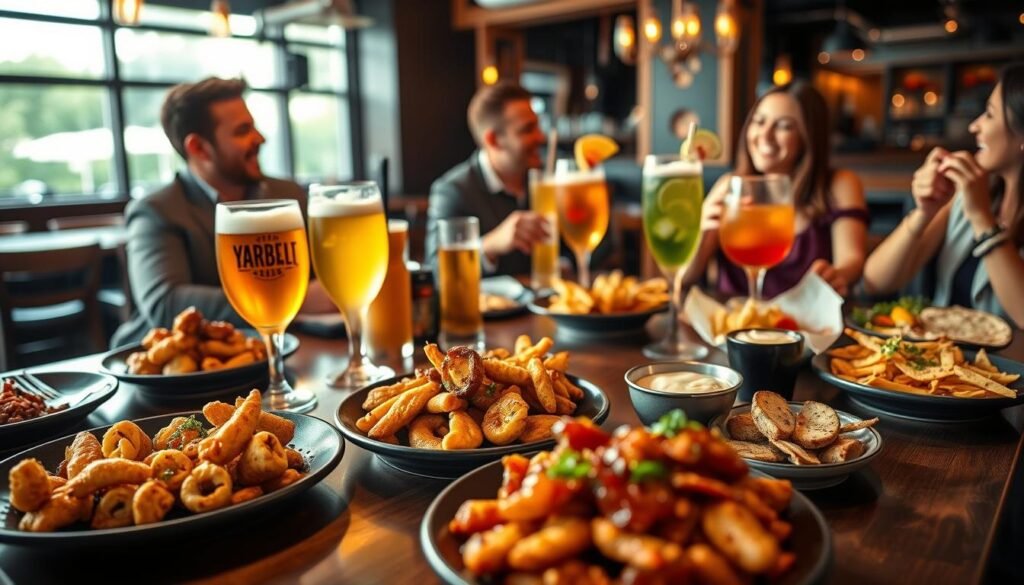 A beautifully arranged table showcasing a selection of the best Yard House happy hour menu items. In the foreground, focus on a vibrant assortment of appetizers like crispy calamari, spicy chicken wings, and loaded nachos, all artfully presented on stylish plates. The middle ground features tall, frosty glasses of craft beer and colorful cocktails garnished with fresh fruit, creating a lively atmosphere. In the background, hints of a modern bar setting with warm wooden accents and soft ambient lighting enhance the inviting space. The scene captures a joyful gathering of friends, dressed in smart casual attire, laughing and enjoying their time together. The lighting is warm and inviting, creating a relaxed and cheerful mood. The camera angle is slightly elevated, showcasing the array of food and drinks while capturing the overall ambience. A beautifully arranged table showcasing a selection of the best Yard House happy hour menu items. In the foreground, focus on a vibrant assortment of appetizers like crispy calamari, spicy chicken wings, and loaded nachos, all artfully presented on stylish plates. The middle ground features tall, frosty glasses of craft beer and colorful cocktails garnished with fresh fruit, creating a lively atmosphere. In the background, hints of a modern bar setting with warm wooden accents and soft ambient lighting enhance the inviting space. The scene captures a joyful gathering of friends, dressed in smart casual attire, laughing and enjoying their time together. The lighting is warm and inviting, creating a relaxed and cheerful mood. The camera angle is slightly elevated, showcasing the array of food and drinks while capturing the overall ambience.