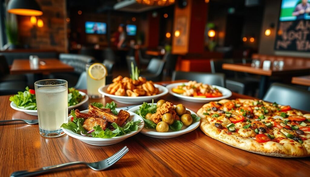 A beautifully arranged table showcasing the best gluten-free items at Yard House, featuring colorful, plated dishes like a fresh salad with vibrant greens, grilled chicken, crispy Brussels sprouts, and gluten-free pizza topped with a variety of vegetables. In the foreground, the wooden table displays elegant cutlery and a glass of refreshing lemonade with a slice of lemon. The middle of the scene captures the delightful assortment of dishes, each garnished artistically, while the background reveals a stylish, modern Mayan-themed restaurant atmosphere with warm, ambient lighting and tasteful decor. The mood is inviting and appetizing, perfect for a casual dining experience. Shot with a soft focus lens at a slight angle to enhance depth and detail, creating an enticing visual narrative.