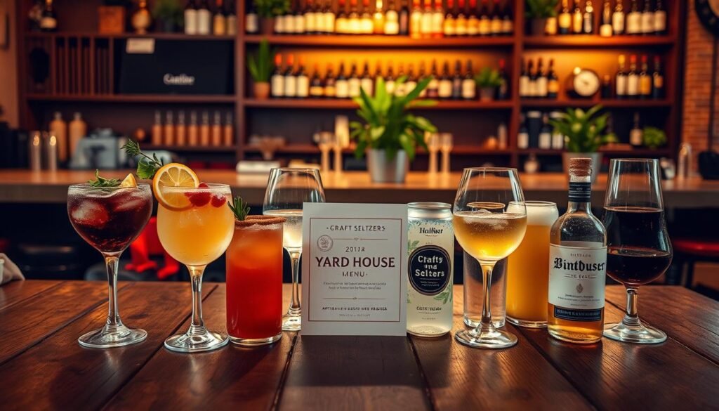 A beautifully arranged yard house menu displayed on a rustic wooden table. The foreground features elegant cocktails in vibrant colors with garnishes like fresh herbs and citrus slices, alongside various wine glasses filled with rich reds and crisp whites. In the middle, an assortment of craft seltzers and artisanal non-beer beverages sit, showcasing the variety of options. The background features a softly lit bar with shelves lined with bottles, creating a warm, inviting atmosphere. A hint of greenery from potted plants adds freshness. Soft, warm lighting creates a cozy mood, suggesting an evening gathering. Shot from a slightly elevated angle to capture all elements. A beautifully arranged yard house menu displayed on a rustic wooden table. The foreground features elegant cocktails in vibrant colors with garnishes like fresh herbs and citrus slices, alongside various wine glasses filled with rich reds and crisp whites. In the middle, an assortment of craft seltzers and artisanal non-beer beverages sit, showcasing the variety of options. The background features a softly lit bar with shelves lined with bottles, creating a warm, inviting atmosphere. A hint of greenery from potted plants adds freshness. Soft, warm lighting creates a cozy mood, suggesting an evening gathering. Shot from a slightly elevated angle to capture all elements.