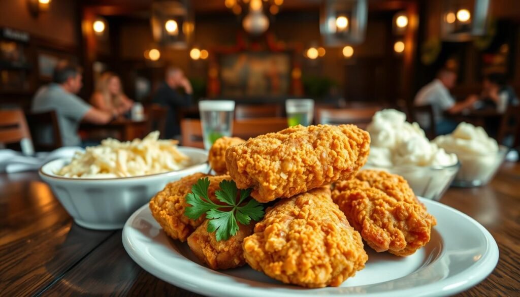 A beautifully presented plate of crispy, golden-brown fried chicken at the forefront, garnished with fresh parsley and served with a side of creamy coleslaw and fluffy mashed potatoes. In the middle, an inviting wooden table set in a cozy Village Inn restaurant environment, featuring rustic charm with warm lighting that highlights the food’s textures. In the background, blurred images of happy diners enjoying their meals, creating a lively atmosphere. Soft, warm light spills from overhead lanterns, casting a welcoming glow. The angle captures the food slightly from above, showcasing its delicious appeal, emphasizing the traditional, comforting feel of the Village Inn dining experience.