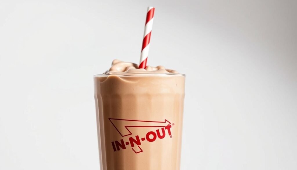 A close-up photograph of an In-N-Out milkshake, capturing its creamy, thick texture and rich chocolate color. The milkshake is set against a white background, allowing the subject to be the focal point. Soft, directional lighting casts gentle shadows, highlighting the smooth surface and the classic straw protruding from the tall glass. The composition emphasizes the iconic In-N-Out branding, with the classic cursive logo visible on the cup. The overall mood is clean, appetizing, and focused on showcasing the caloric indulgence of the shake.