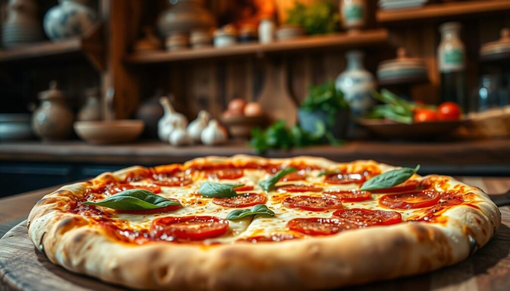 A close-up view of a rustic pizza with a perfectly baked crispy crust, showcasing delightful golden-brown edges and bubbling cheese with vibrant toppings of fresh basil, ripe tomatoes, and pepperoni. In the foreground, the pizza is placed on a wooden cutting board, emphasizing its artisanal quality. The middle layer features a soft focus of a rustic Italian kitchen with dim, warm lighting, highlighting the wood textures and ceramic dishes that complement the scene. In the background, shelves with assorted fresh ingredients like garlic and herbs set a cozy, inviting atmosphere, evoking the essence of traditional pizza-making. Capture this image with a shallow depth of field, emphasizing the pizza, while the ambiance stays slightly blurred, creating a warm, homey feel. A close-up view of a rustic pizza with a perfectly baked crispy crust, showcasing delightful golden-brown edges and bubbling cheese with vibrant toppings of fresh basil, ripe tomatoes, and pepperoni. In the foreground, the pizza is placed on a wooden cutting board, emphasizing its artisanal quality. The middle layer features a soft focus of a rustic Italian kitchen with dim, warm lighting, highlighting the wood textures and ceramic dishes that complement the scene. In the background, shelves with assorted fresh ingredients like garlic and herbs set a cozy, inviting atmosphere, evoking the essence of traditional pizza-making. Capture this image with a shallow depth of field, emphasizing the pizza, while the ambiance stays slightly blurred, creating a warm, homey feel.