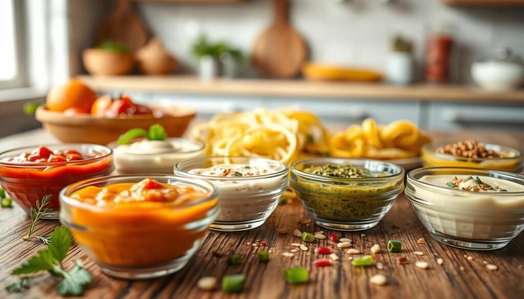 A close-up view of a vibrant selection of gluten-free sauces, artfully arranged on a rustic wooden table. In the foreground, focus on small glass bowls filled with a variety of colorful sauces, such as a rich red marinara, a creamy white alfredo, a fresh green pesto, and a tangy yellow mustard. Scattered around the bowls are fresh herbs and colorful toppings like chopped scallions and sesame seeds. In the middle ground, various gluten-free noodles are twirled elegantly, hinting at their pairing with the sauces. The background features a soft-focus kitchen environment with warm, natural lighting, creating an inviting and wholesome atmosphere. The angle is slightly elevated, capturing the textures and colors vividly, suggesting a sense of care and attention to dietary needs. A close-up view of a vibrant selection of gluten-free sauces, artfully arranged on a rustic wooden table. In the foreground, focus on small glass bowls filled with a variety of colorful sauces, such as a rich red marinara, a creamy white alfredo, a fresh green pesto, and a tangy yellow mustard. Scattered around the bowls are fresh herbs and colorful toppings like chopped scallions and sesame seeds. In the middle ground, various gluten-free noodles are twirled elegantly, hinting at their pairing with the sauces. The background features a soft-focus kitchen environment with warm, natural lighting, creating an inviting and wholesome atmosphere. The angle is slightly elevated, capturing the textures and colors vividly, suggesting a sense of care and attention to dietary needs.