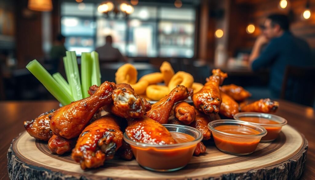 A close-up view of sizzling chicken wings arranged attractively on a rustic wooden platter, garnished with fresh celery sticks and vibrant sauces in small bowls. In the foreground, the wings glisten with a savory glaze, highlighting their crispy texture. In the middle, a set of golden tenders complements the wings, showcasing a variety of shareable appetizers like onion rings and mozzarella sticks. The background features a warm, cozy restaurant ambiance with soft, ambient lighting and blurred silhouettes of people enjoying their meals. The atmosphere evokes a sense of camaraderie and appetite, perfect for group gatherings. Use a shallow depth of field to focus on the wings, creating an inviting and mouth-watering image that captures the spirit of sharing delicious food. A close-up view of sizzling chicken wings arranged attractively on a rustic wooden platter, garnished with fresh celery sticks and vibrant sauces in small bowls. In the foreground, the wings glisten with a savory glaze, highlighting their crispy texture. In the middle, a set of golden tenders complements the wings, showcasing a variety of shareable appetizers like onion rings and mozzarella sticks. The background features a warm, cozy restaurant ambiance with soft, ambient lighting and blurred silhouettes of people enjoying their meals. The atmosphere evokes a sense of camaraderie and appetite, perfect for group gatherings. Use a shallow depth of field to focus on the wings, creating an inviting and mouth-watering image that captures the spirit of sharing delicious food.