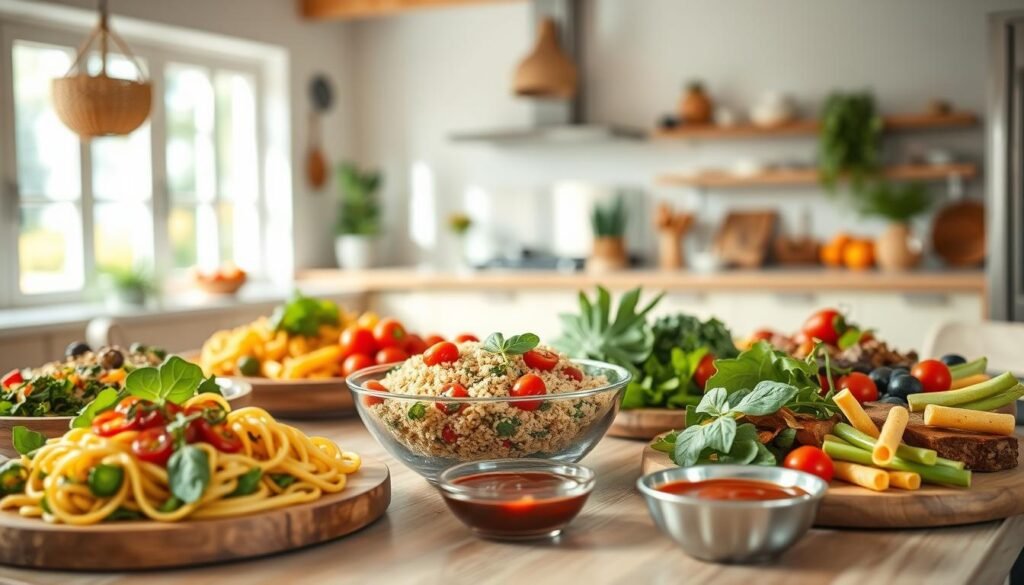A colorful and inviting image depicting a variety of nutritious foods representing diverse dietary lifestyles. In the foreground, a table laid with a vibrant spread of gluten-free pasta dishes, fresh vegetables, and plant-based proteins, elegantly arranged on rustic wooden plates. In the middle, a balanced bowl of quinoa salad adorned with bright cherry tomatoes and leafy greens, alongside a selection of allergen-friendly sauces in small bowls. In the background, a bright and airy kitchen with soft natural lighting streaming through large windows, creating a warm and welcoming atmosphere. The mood is wholesome and health-conscious, ideal for illustrating the concept of accommodating various dietary needs. Use a soft focus on the background with a sharp focus on the food, to emphasize the culinary elements. A colorful and inviting image depicting a variety of nutritious foods representing diverse dietary lifestyles. In the foreground, a table laid with a vibrant spread of gluten-free pasta dishes, fresh vegetables, and plant-based proteins, elegantly arranged on rustic wooden plates. In the middle, a balanced bowl of quinoa salad adorned with bright cherry tomatoes and leafy greens, alongside a selection of allergen-friendly sauces in small bowls. In the background, a bright and airy kitchen with soft natural lighting streaming through large windows, creating a warm and welcoming atmosphere. The mood is wholesome and health-conscious, ideal for illustrating the concept of accommodating various dietary needs. Use a soft focus on the background with a sharp focus on the food, to emphasize the culinary elements.
