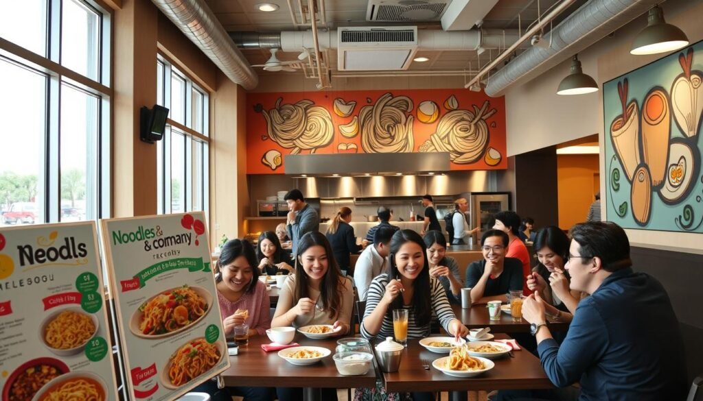 A cozy, inviting Noodles & Company restaurant interior, with colorful menu boards displaying various noodle dishes in the foreground. In the middle, a diverse group of customers enjoying their meals, smiling and engaged in conversation, portraying a warm sense of community. Bright, natural lighting filters in through large windows, creating a cheerful atmosphere. In the background, an open kitchen shows chefs skillfully preparing noodles, surrounded by fresh ingredients. The walls are adorned with vibrant noodle-themed artwork, enhancing the ambiance. The setting exudes a trendy yet casual vibe, ideal for families and friends dining together, highlighting why customers choose this restaurant. Shot with a wide-angle lens to capture the lively environment and dynamic interactions among patrons. A cozy, inviting Noodles & Company restaurant interior, with colorful menu boards displaying various noodle dishes in the foreground. In the middle, a diverse group of customers enjoying their meals, smiling and engaged in conversation, portraying a warm sense of community. Bright, natural lighting filters in through large windows, creating a cheerful atmosphere. In the background, an open kitchen shows chefs skillfully preparing noodles, surrounded by fresh ingredients. The walls are adorned with vibrant noodle-themed artwork, enhancing the ambiance. The setting exudes a trendy yet casual vibe, ideal for families and friends dining together, highlighting why customers choose this restaurant. Shot with a wide-angle lens to capture the lively environment and dynamic interactions among patrons.
