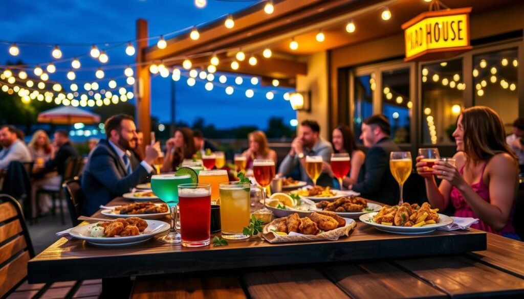 A cozy late-night setting at an outdoor Yard House happy hour. In the foreground, a large wooden table is laden with an array of colorful cocktails and enticing appetizers, like spicy chicken wings and craft beers, invitingly arranged. In the middle ground, patrons sit comfortably, enjoying their drinks, dressed in smart casual attire, laughing and engaging in light conversation. The background features softly glowing string lights hanging above, casting a warm, inviting light. The atmosphere is lively yet relaxed, with a deep blue twilight sky above. The image is captured from a slight angle to emphasize the vibrant table spread and the cheerful ambiance, creating a sense of communal enjoyment and culinary delight. A cozy late-night setting at an outdoor Yard House happy hour. In the foreground, a large wooden table is laden with an array of colorful cocktails and enticing appetizers, like spicy chicken wings and craft beers, invitingly arranged. In the middle ground, patrons sit comfortably, enjoying their drinks, dressed in smart casual attire, laughing and engaging in light conversation. The background features softly glowing string lights hanging above, casting a warm, inviting light. The atmosphere is lively yet relaxed, with a deep blue twilight sky above. The image is captured from a slight angle to emphasize the vibrant table spread and the cheerful ambiance, creating a sense of communal enjoyment and culinary delight.