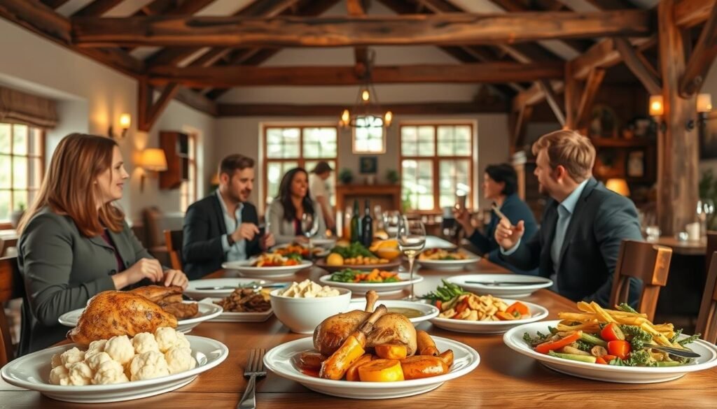 A cozy village inn interior during lunchtime, featuring a rustic wooden dining table set for a hearty meal. In the foreground, a vibrant spread of family-style dishes, including roasted chicken, mashed potatoes, and seasonal vegetables, arranged on elegant white platters. The middle ground shows patrons enjoying their meals in a warm, inviting atmosphere, with a diverse group of four individuals dressed in smart casual attire, happily engaged in conversation. In the background, exposed beams and soft, warm lighting create a welcoming ambiance, while large windows allow natural light to spill in, illuminating the wooden decor. The scene conveys a sense of comfort and community, perfect for family meals to-go, evoking a homey, cheerful mood.
