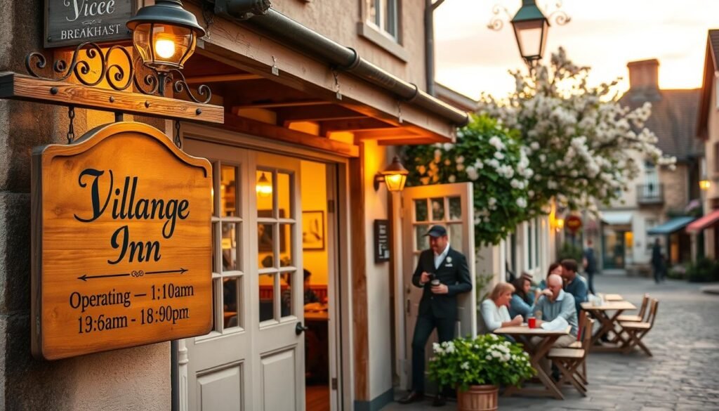 A cozy village inn scene during early morning hours, showcasing an inviting exterior with rustic wooden beams and warm, soft lighting. In the foreground, a charming wooden sign displays the operating hours of the inn elegantly written in a classic font. The middle ground features a well-defined entrance with an open door that reveals a comfortable dining area filled with patrons enjoying breakfast. A friendly staff member in smart casual attire serves coffee to a table of guests. The background depicts quaint village streets lined with blossoming flowers, under a gently lit sky filled with soft morning hues. The overall atmosphere is warm, welcoming, and vibrant, capturing the essence of a community gathering spot for breakfast.
