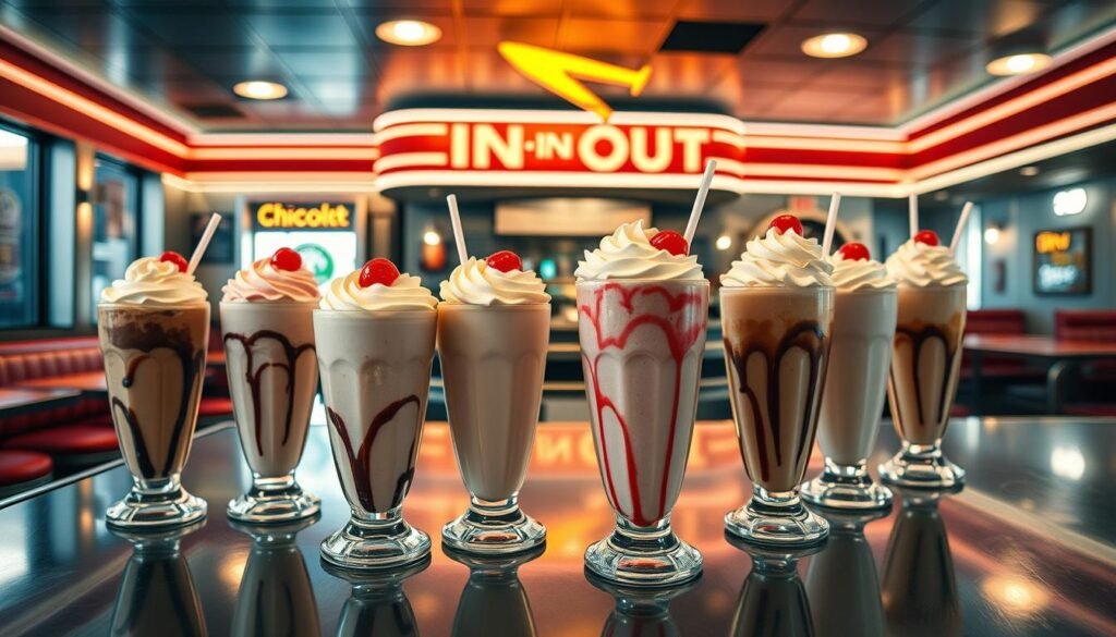 A cozy, well-lit diner interior with a large, gleaming counter showcasing a variety of milkshakes in classic flavors like chocolate, strawberry, and vanilla. The milkshakes are topped with swirls of whipped cream and adorned with maraschino cherries, creating a tempting and visually appealing display. The scene is accentuated by warm lighting, reflecting off the shiny metal surfaces and creating a welcoming, retro-inspired ambiance. The overall composition highlights the classic, nostalgic charm of an In-N-Out Burger establishment, inviting the viewer to indulge in a refreshing and delightful milkshake experience. A cozy, well-lit diner interior with a large, gleaming counter showcasing a variety of milkshakes in classic flavors like chocolate, strawberry, and vanilla. The milkshakes are topped with swirls of whipped cream and adorned with maraschino cherries, creating a tempting and visually appealing display. The scene is accentuated by warm lighting, reflecting off the shiny metal surfaces and creating a welcoming, retro-inspired ambiance. The overall composition highlights the classic, nostalgic charm of an In-N-Out Burger establishment, inviting the viewer to indulge in a refreshing and delightful milkshake experience.