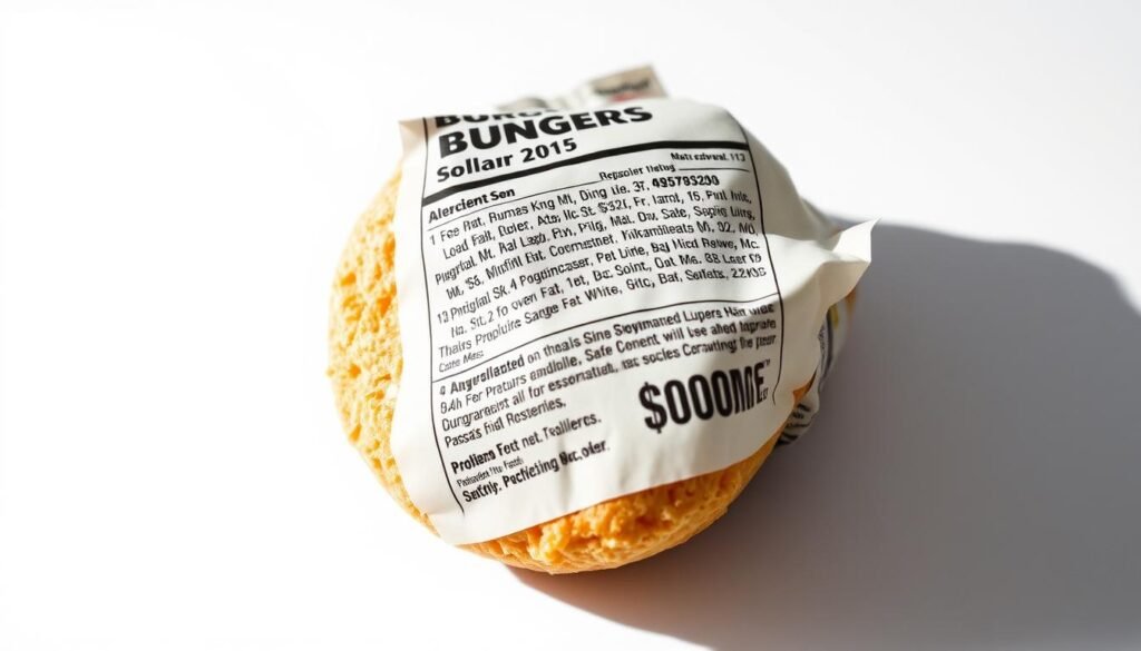 A crisp, clinical close-up view of a Burger King dollar menu item, with a focus on the ingredient list and allergen information. The item is photographed under bright, direct lighting, casting sharp shadows and highlighting the textured surface. The image is captured at a slightly low angle, emphasizing the layered construction and imperfections of the food. The background is a plain, sterile white surface, devoid of distractions, allowing the viewer to closely examine the details. The overall mood is one of clinical analysis, inviting the viewer to scrutinize the transparency and safety of the value menu options.