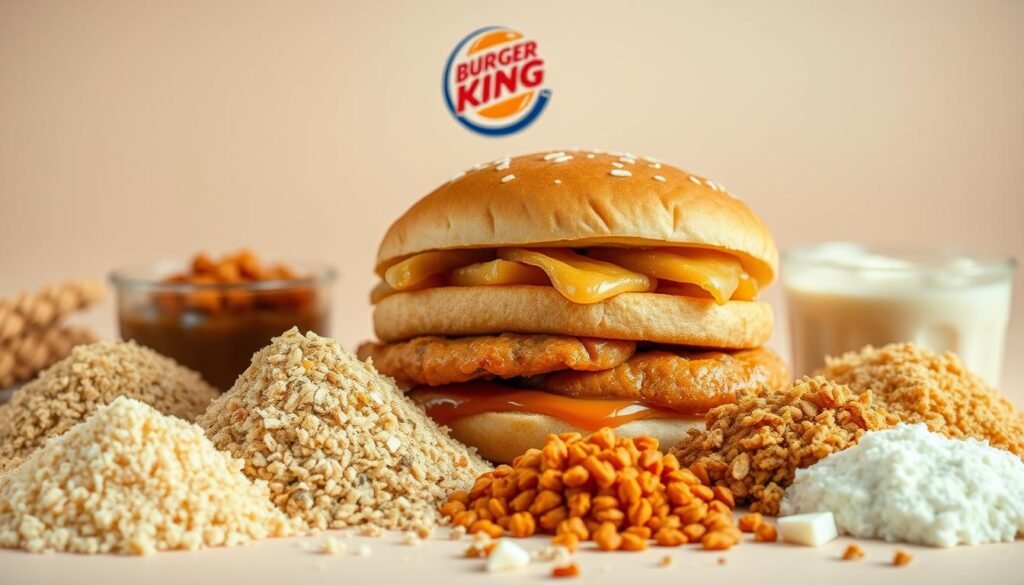 A crisp, well-lit close-up of an assortment of Burger King chicken allergens, including breading, seasonings, and sauces. The foreground features neatly arranged piles of common chicken allergy triggers like wheat, soy, and milk-based ingredients. The middle ground showcases a Burger King chicken sandwich, showcasing the complex layering of potentially allergenic components. The background is a clean, neutral backdrop, allowing the allergens to be the focal point. The lighting is soft and even, creating a professional, informative visual aesthetic suitable for an educational article.