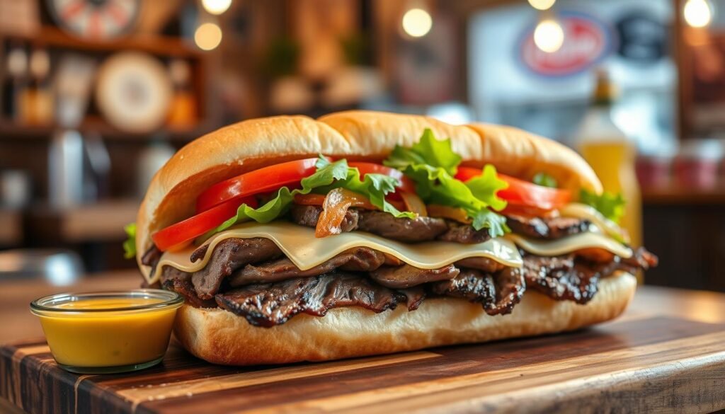 A deliciously crafted steak sub, overflowing with tender, juicy slices of grilled steak, freshly melted provolone cheese, and vibrant toppings including crisp lettuce, ripe tomatoes, and sautéed onions. The sub is nestled in a warm, toasted hoagie roll, showcasing a golden-brown crust. In the foreground, the sandwich rests on a rustic wooden cutting board, with a small bowl of spicy mustard on the side. The middle ground features a softly blurred background of a cozy sub shop setting, with warm lighting creating an inviting atmosphere. The scene captures a mouth-watering perspective, shot at a slight angle to emphasize the sub's layers. The overall mood conveys comfort and appetizing charm, perfect for a casual dining experience. A deliciously crafted steak sub, overflowing with tender, juicy slices of grilled steak, freshly melted provolone cheese, and vibrant toppings including crisp lettuce, ripe tomatoes, and sautéed onions. The sub is nestled in a warm, toasted hoagie roll, showcasing a golden-brown crust. In the foreground, the sandwich rests on a rustic wooden cutting board, with a small bowl of spicy mustard on the side. The middle ground features a softly blurred background of a cozy sub shop setting, with warm lighting creating an inviting atmosphere. The scene captures a mouth-watering perspective, shot at a slight angle to emphasize the sub's layers. The overall mood conveys comfort and appetizing charm, perfect for a casual dining experience.