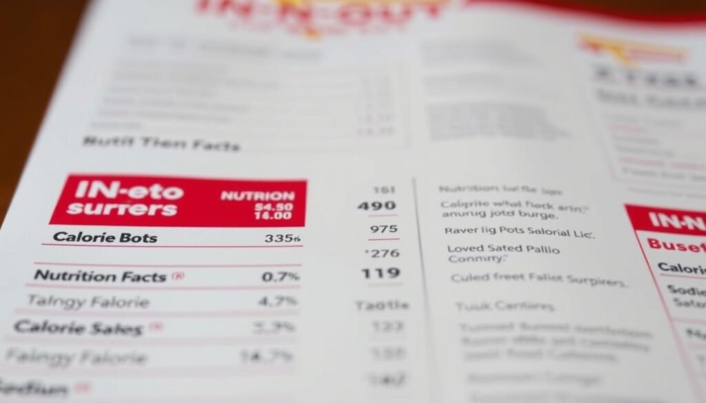 A detailed, high-resolution image of the nutrition facts for an In-N-Out Burger menu, shot from a slightly low angle with natural lighting and a shallow depth of field. The image shows a clean, minimalist layout with the nutrition information presented in a clear, organized manner against a plain background, emphasizing the key calorie and sodium details relevant to the article. The overall mood is informative and visually appealing, suitable for inclusion in the "How to customize orders to cut calories and sodium" section.