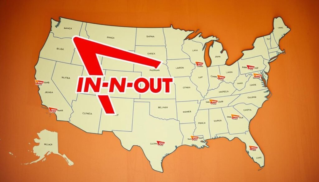 A detailed map of the United States with vibrant colors, showcasing the regional availability of In-N-Out Burger locations. The map is rendered in a photorealistic style, with a subtle vintage aesthetic that evokes the classic American diner feel. The foreground features the iconic In-N-Out logo prominently displayed, with a focus on the brand's signature red and white color scheme. The middle ground depicts state boundaries and major cities, allowing viewers to clearly see the distribution and reach of the restaurant chain. The background is a warm, earthy tone, creating a sense of depth and grounding the image in a familiar, nostalgic setting. The overall composition conveys the impact of In-N-Out's strategic expansion and the regional differences in its secret menu offerings. A detailed map of the United States with vibrant colors, showcasing the regional availability of In-N-Out Burger locations. The map is rendered in a photorealistic style, with a subtle vintage aesthetic that evokes the classic American diner feel. The foreground features the iconic In-N-Out logo prominently displayed, with a focus on the brand's signature red and white color scheme. The middle ground depicts state boundaries and major cities, allowing viewers to clearly see the distribution and reach of the restaurant chain. The background is a warm, earthy tone, creating a sense of depth and grounding the image in a familiar, nostalgic setting. The overall composition conveys the impact of In-N-Out's strategic expansion and the regional differences in its secret menu offerings.