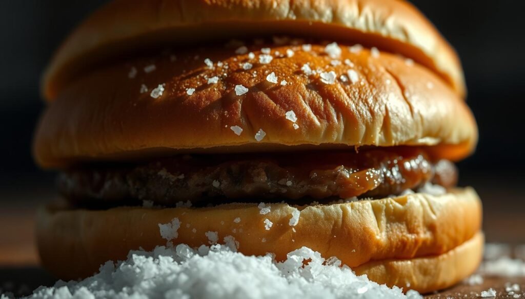 A high-contrast close-up of a Burger King hamburger bun, with a focus on the salt crystals visibly sprinkled on the surface. The bun is shot from a low angle, with dramatic side lighting to accentuate the texture and highlights. The background is blurred, drawing the viewer's attention to the excessive sodium content of the bun. The image has a slightly gritty, industrial aesthetic to convey the unhealthy nature of the high-sodium fast food item.