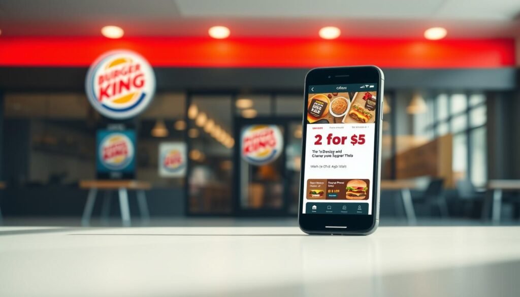 A modern, minimalist-styled image depicting the Burger King mobile app offers. In the foreground, a smartphone display showcases the app's main menu, highlighting the "2 For $5" deal with vibrant colors and bold typography. The middle ground features a blurred background of a Burger King restaurant exterior, conveying a sense of real-world context. The lighting is soft and natural, creating a warm, inviting atmosphere. The camera angle is slightly elevated, providing a clean, uncluttered composition that emphasizes the app interface. The overall tone is one of simplicity, accessibility, and the value proposition of the "2 For $5" offer.