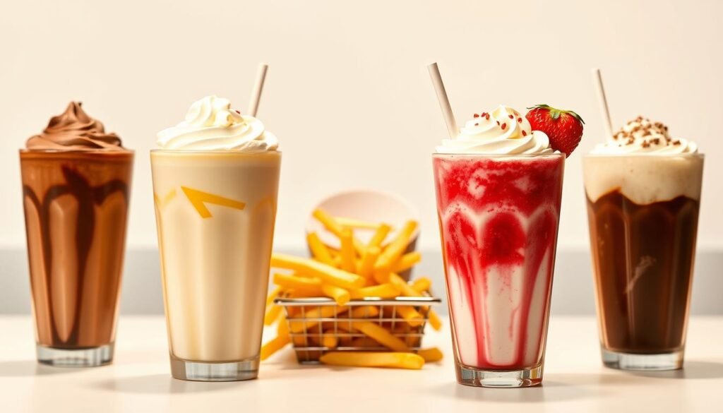 A mouthwatering In-N-Out dessert menu displayed on a crisp, minimalist table setting. In the foreground, various classic shakes - chocolate, vanilla, and strawberry - stand tall in metallic cups, their creamy textures glistening under warm, diffused lighting. In the middle ground, a basket of golden, perfectly crisp french fries is nestled, inviting the viewer to indulge. The background features a clean, white backdrop, allowing the vibrant dessert items to take center stage. The overall mood is one of simple, high-quality comfort, reflecting the classic, no-frills ethos of the In-N-Out brand. A mouthwatering In-N-Out dessert menu displayed on a crisp, minimalist table setting. In the foreground, various classic shakes - chocolate, vanilla, and strawberry - stand tall in metallic cups, their creamy textures glistening under warm, diffused lighting. In the middle ground, a basket of golden, perfectly crisp french fries is nestled, inviting the viewer to indulge. The background features a clean, white backdrop, allowing the vibrant dessert items to take center stage. The overall mood is one of simple, high-quality comfort, reflecting the classic, no-frills ethos of the In-N-Out brand.