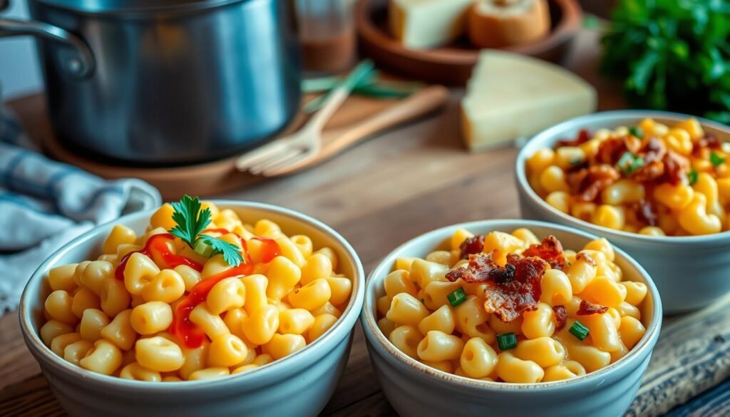 A mouthwatering bowl of mac and cheese, beautifully presented in a ceramic dish, filled with creamy, golden elbow macaroni enveloped in a luscious cheese sauce. The foreground features three variations: a classic mac and cheese topped with a sprinkle of parsley, a spicy buffalo mac drizzled with hot sauce and scattered with celery leaves, and a savory bacon mac adorned with crisp bacon bits and chives. The middle ground includes a rustic wooden table, conveying a cozy, inviting atmosphere. In the background, soft-focus kitchen elements like a pot, cheese wheels, and herbs enhance the culinary theme. Bright, warm lighting highlights the textures of the cheese and pasta, evoking a sense of comfort and indulgence. Shot from a slight overhead angle, the composition is visually appealing and enticing. A mouthwatering bowl of mac and cheese, beautifully presented in a ceramic dish, filled with creamy, golden elbow macaroni enveloped in a luscious cheese sauce. The foreground features three variations: a classic mac and cheese topped with a sprinkle of parsley, a spicy buffalo mac drizzled with hot sauce and scattered with celery leaves, and a savory bacon mac adorned with crisp bacon bits and chives. The middle ground includes a rustic wooden table, conveying a cozy, inviting atmosphere. In the background, soft-focus kitchen elements like a pot, cheese wheels, and herbs enhance the culinary theme. Bright, warm lighting highlights the textures of the cheese and pasta, evoking a sense of comfort and indulgence. Shot from a slight overhead angle, the composition is visually appealing and enticing.
