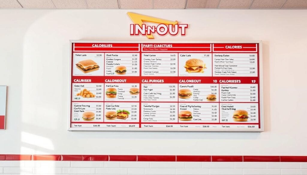 A neatly organized In-N-Out menu board displayed on a white wall, with carefully arranged food items and their calorie counts presented in a clean, informative manner. The scene is lit from above with soft, natural lighting, creating a bright and inviting atmosphere. The menu items are photographed from a slightly elevated angle, giving a visually appealing perspective. The layout is balanced and visually striking, highlighting the calorie information in a way that is easy to understand and engage with. A neatly organized In-N-Out menu board displayed on a white wall, with carefully arranged food items and their calorie counts presented in a clean, informative manner. The scene is lit from above with soft, natural lighting, creating a bright and inviting atmosphere. The menu items are photographed from a slightly elevated angle, giving a visually appealing perspective. The layout is balanced and visually striking, highlighting the calorie information in a way that is easy to understand and engage with.