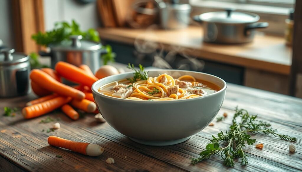 A steaming bowl of chicken noodle soup sits elegantly on a rustic wooden table, surrounded by fresh ingredients like vibrant carrots, onions, and herbs scattered artfully around the scene. The soup is rich in color, with golden broth, tender chunks of chicken, and perfectly cooked noodles visible in the bowl, creating an inviting, appetizing look. Light filters in from a nearby window, casting a warm, soft glow over the bowl, enhancing the sense of comfort and nourishment associated with this classic dish. In the background, there's a blurred kitchen with pots and pans, subtly hinting at the homely ambiance, inviting the viewer to share in the warmth and heartiness of this beloved soup. A steaming bowl of chicken noodle soup sits elegantly on a rustic wooden table, surrounded by fresh ingredients like vibrant carrots, onions, and herbs scattered artfully around the scene. The soup is rich in color, with golden broth, tender chunks of chicken, and perfectly cooked noodles visible in the bowl, creating an inviting, appetizing look. Light filters in from a nearby window, casting a warm, soft glow over the bowl, enhancing the sense of comfort and nourishment associated with this classic dish. In the background, there's a blurred kitchen with pots and pans, subtly hinting at the homely ambiance, inviting the viewer to share in the warmth and heartiness of this beloved soup.