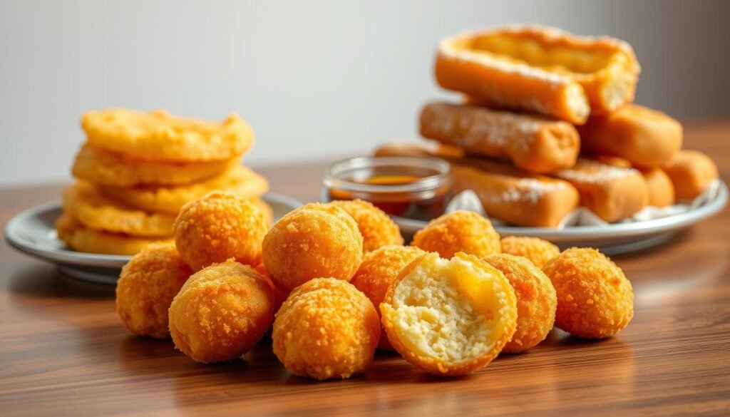 A still life composed of Burger King breakfast side dishes on a wooden table. In the foreground, golden potato bites with a crispy exterior and fluffy interior, arranged neatly. Behind them, a stack of golden-brown hash browns, their texture inviting. In the middle ground, a platter of French toast sticks, lightly dusted with powdered sugar, accompanied by a small pitcher of warm syrup. Soft, natural lighting illuminates the scene, creating an appetizing and comforting atmosphere. The camera angle is slightly elevated, allowing the viewer to appreciate the delectable array of Burger King's breakfast side offerings.