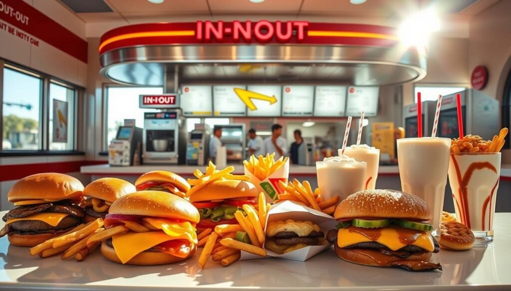 A sunlit fast-food counter displaying a variety of secret and specialty In-N-Out sandwich creations. In the foreground, an assortment of burgers, fries, and milkshakes are arranged artfully, showcasing the rich, mouthwatering textures and vibrant colors of the off-menu items. The middle ground features a gleaming, chrome-accented counter with friendly staff taking orders, while the background reveals the classic In-N-Out branding and decor, creating a welcoming, nostalgic atmosphere. Warm, natural lighting highlights the freshness and quality of the ingredients, inviting the viewer to imagine the delicious, unique flavor combinations hidden beyond the standard menu. A sunlit fast-food counter displaying a variety of secret and specialty In-N-Out sandwich creations. In the foreground, an assortment of burgers, fries, and milkshakes are arranged artfully, showcasing the rich, mouthwatering textures and vibrant colors of the off-menu items. The middle ground features a gleaming, chrome-accented counter with friendly staff taking orders, while the background reveals the classic In-N-Out branding and decor, creating a welcoming, nostalgic atmosphere. Warm, natural lighting highlights the freshness and quality of the ingredients, inviting the viewer to imagine the delicious, unique flavor combinations hidden beyond the standard menu.