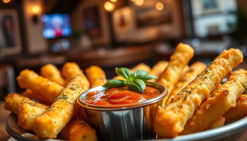 A tantalizing plate of cheese breadsticks takes center stage, expertly arranged and perfectly golden-brown, with a gooey melted cheese texture visible as they pull apart. The foreground highlights the breadsticks, sprinkled with a hint of oregano, showcasing their inviting, crispy exterior. In the middle ground, a small bowl of marinara sauce glistens, ready for dipping, with a few fresh basil leaves nearby for garnish. The background features a softly blurred homey restaurant interior, subtly lit by warm, ambient lighting that creates a cozy, inviting atmosphere. The composition is shot at a slight angle, enhancing the depth and texture of the breadsticks, with a shallow depth of field to keep the focus on the delicious food. A tantalizing plate of cheese breadsticks takes center stage, expertly arranged and perfectly golden-brown, with a gooey melted cheese texture visible as they pull apart. The foreground highlights the breadsticks, sprinkled with a hint of oregano, showcasing their inviting, crispy exterior. In the middle ground, a small bowl of marinara sauce glistens, ready for dipping, with a few fresh basil leaves nearby for garnish. The background features a softly blurred homey restaurant interior, subtly lit by warm, ambient lighting that creates a cozy, inviting atmosphere. The composition is shot at a slight angle, enhancing the depth and texture of the breadsticks, with a shallow depth of field to keep the focus on the delicious food.
