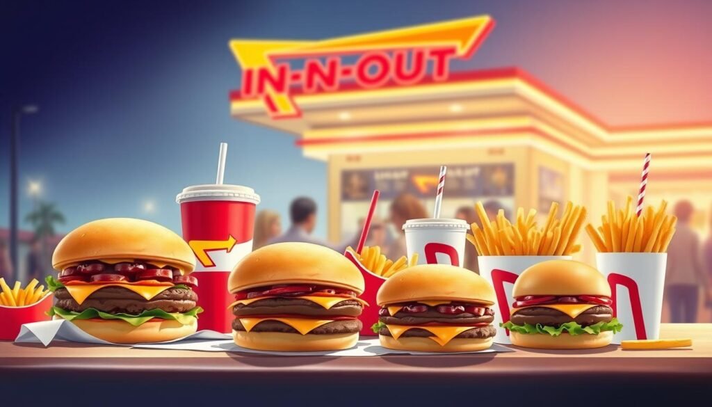 A vibrant and detailed illustration showcasing the secret menu items at the iconic In-N-Out Burger restaurant. Set against a softly blurred background, the foreground features a selection of delectable burgers, fries, and drinks meticulously rendered with a photorealistic style. The lighting casts a warm, inviting glow, highlighting the fresh, high-quality ingredients. The middle ground captures the energy of the bustling fast-food establishment, with customers eagerly awaiting their orders. The overall atmosphere conveys a sense of nostalgia and the cherished tradition of this beloved West Coast institution, inviting the viewer to discover the hidden gems of the secret menu.