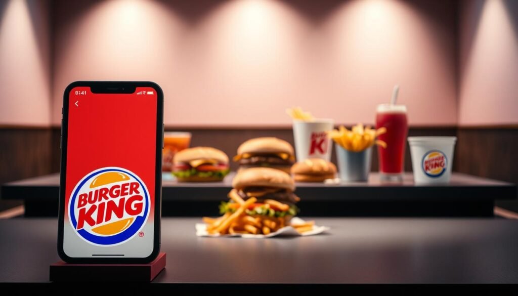 A vibrant and engaging visual display showcasing the deals available through the Burger King mobile app. In the foreground, the BK logo and app interface are prominently featured, with a clean and modern design. In the middle ground, a selection of tempting menu items are artfully arranged, including burgers, fries, and signature beverages. The background depicts a sleek, minimalist setting, with subtle lighting and shadows that create a sense of depth and atmosphere. The overall composition conveys a sense of convenience, value, and the unique savings opportunities available to BK customers through the app and loyalty program. Soft, diffused lighting and a warm color palette lend a inviting and appetizing feel to the image.