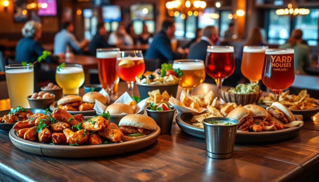 A vibrant and inviting depiction of a "Yard House Troy happy hour menu" spread on a rustic wooden table. In the foreground, include a beautifully arranged assortment of signature appetizers, like buffalo wings, sliders, and nachos, all garnished with fresh herbs. The middle ground features a large drink selection showcasing colorful cocktails and craft beers in elegant glassware, reflecting the warm ambient lighting of the restaurant. In the background, softly blurred, showcase the lively atmosphere of the Yard House, with patrons enjoying their meals, dressed in casual yet presentable attire. Utilize warm lighting to create a cozy and welcoming vibe, with a slightly elevated angle to capture the full essence of this dining experience while ensuring clarity and detail in the food presentation.