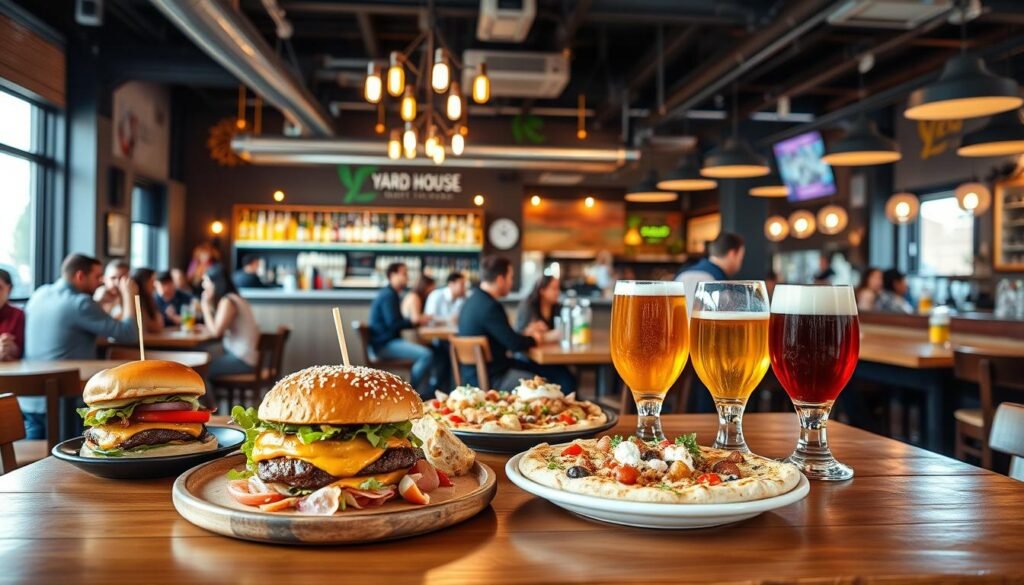 A vibrant and inviting restaurant scene showcasing a location-specific yard house menu. In the foreground, a beautifully arranged wooden table displays an array of colorful dishes, including a gourmet burger, artisanal pizza, and a craft beer flight, all reflecting popular selections unique to the city. The middle ground features a welcoming, contemporary dining area filled with guests enjoying their meals, dressed in smart casual attire. The background showcases a stylish bar lined with an extensive selection of craft beers and bright, cheerful decor, illuminated by warm light. The atmosphere is lively and friendly, capturing the essence of a local yard house restaurant. Expertly composed with a slight depth of field focus to enhance the details of the food, while maintaining a soft background to emphasize the dining experience. A vibrant and inviting restaurant scene showcasing a location-specific yard house menu. In the foreground, a beautifully arranged wooden table displays an array of colorful dishes, including a gourmet burger, artisanal pizza, and a craft beer flight, all reflecting popular selections unique to the city. The middle ground features a welcoming, contemporary dining area filled with guests enjoying their meals, dressed in smart casual attire. The background showcases a stylish bar lined with an extensive selection of craft beers and bright, cheerful decor, illuminated by warm light. The atmosphere is lively and friendly, capturing the essence of a local yard house restaurant. Expertly composed with a slight depth of field focus to enhance the details of the food, while maintaining a soft background to emphasize the dining experience.