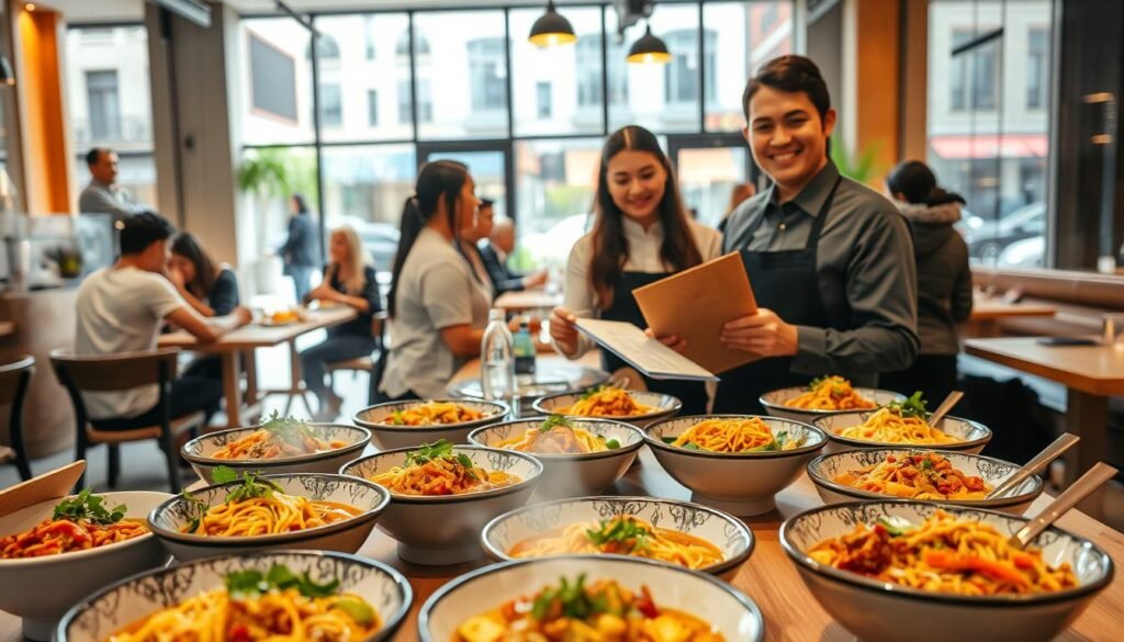 A vibrant and inviting scene of a modern restaurant interior themed around noodle dishes. In the foreground, a beautifully arranged table showcases a variety of colorful noodle dishes served in elegant bowls, garnished with fresh herbs and vegetables, steaming and appetizing. The middle ground features a friendly server in professional attire presenting a take-out menu to a diverse group of customers at a bright, contemporary dining area with wooden accents and cozy lighting. In the background, large windows reveal a bustling street outside, with light streaming in, enhancing the warm atmosphere. The overall mood is welcoming, cheerful, and dynamic, reflecting a popular online ordering and delivery service for noodle cuisine. A vibrant and inviting scene of a modern restaurant interior themed around noodle dishes. In the foreground, a beautifully arranged table showcases a variety of colorful noodle dishes served in elegant bowls, garnished with fresh herbs and vegetables, steaming and appetizing. The middle ground features a friendly server in professional attire presenting a take-out menu to a diverse group of customers at a bright, contemporary dining area with wooden accents and cozy lighting. In the background, large windows reveal a bustling street outside, with light streaming in, enhancing the warm atmosphere. The overall mood is welcoming, cheerful, and dynamic, reflecting a popular online ordering and delivery service for noodle cuisine.